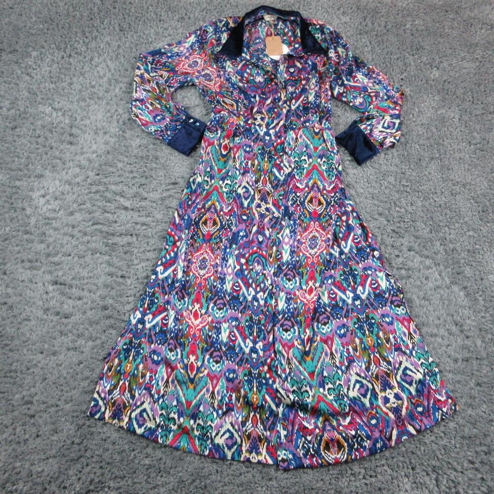 Umgee Dress Womens L Blue Geometric Shirt Dress Long Collared Belted NWT